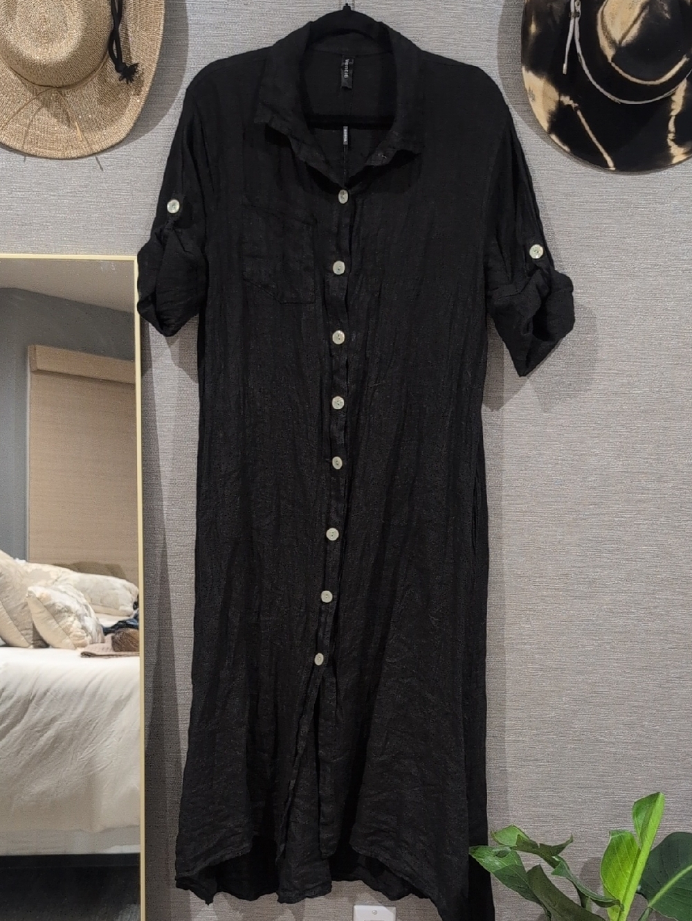 Black Button-Front Linen Midi Shirt Dress